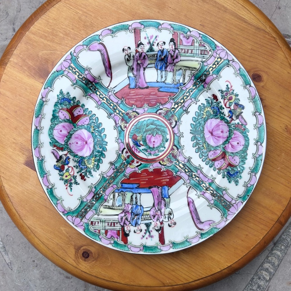 Vintage Rose Medallion Porcelain Plate 10" Pink Hand Painted Overjoy Hong Kong